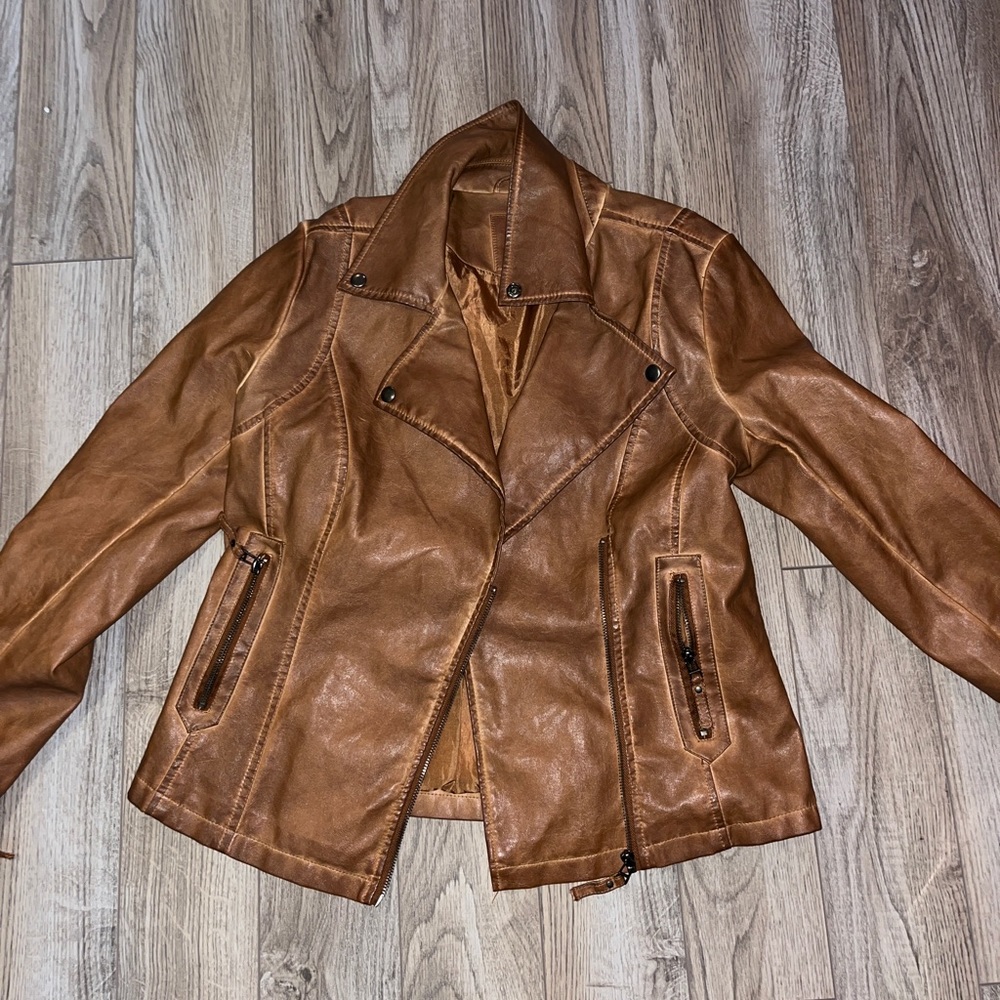 Tan faux leather zip up biker jacket